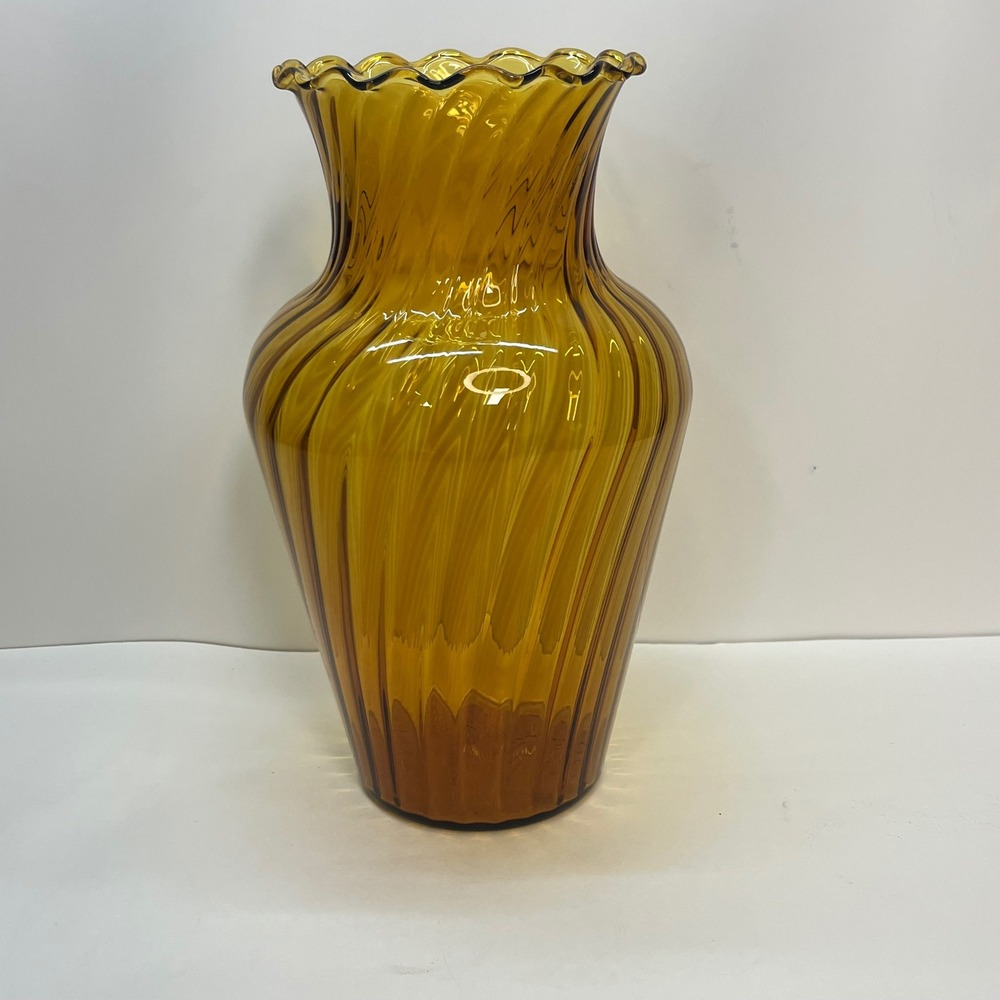 Vintage Amber Glass‎ Optic Swirl Vase Ruffled Rim Mid Century Modern 10.5 Inch